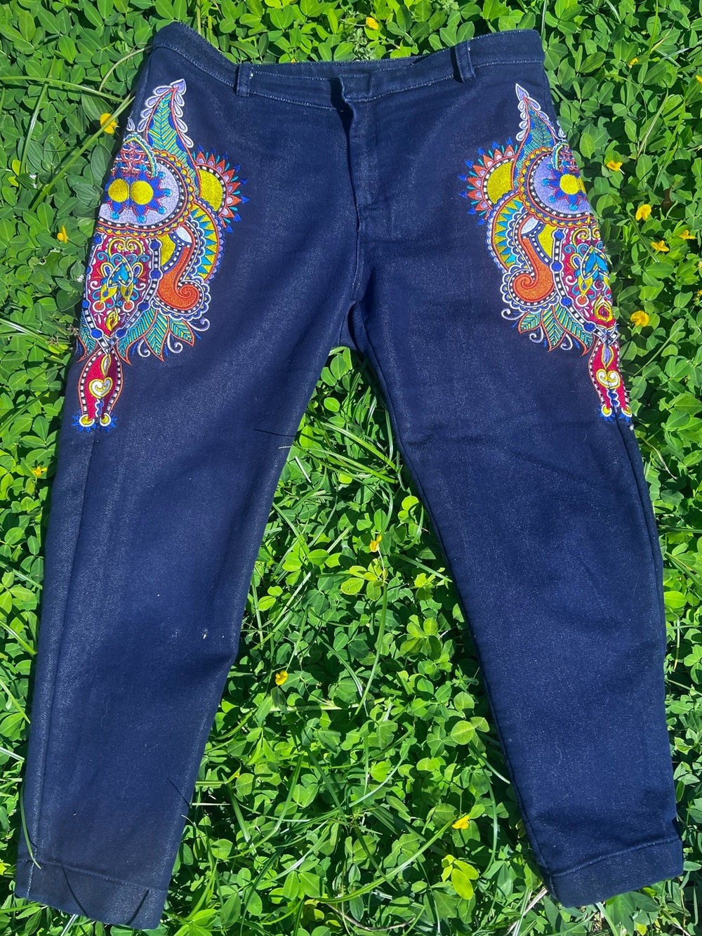 Multicolor Embroidered Paisley Tapper Leg Cropped Jeans 12 - Picture 2 of 8